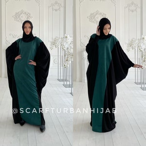 Smaragdgroene suède loose-fit jurk met aangehechte hijab moslimabaya