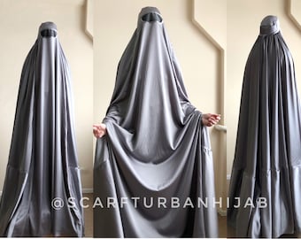 Silver gray Afghan burqa, silk khimar cape, niqab, full long hijab