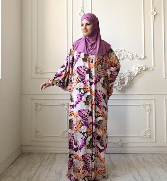 bohemian dress hijab Butterfly Print Bohemian Maxi Dress, Plus Size Muslim Abaya