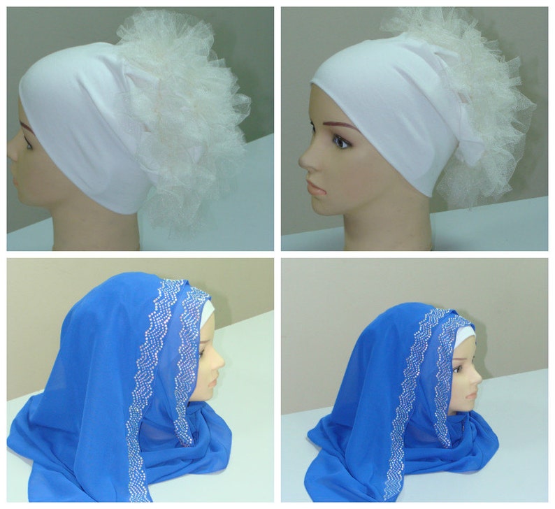 May include: Two mannequins wearing different styles of headscarves. The first mannequin is wearing a white headscarf with a white tulle puff on top. The second mannequin is wearing a blue headscarf with a white beaded trim.