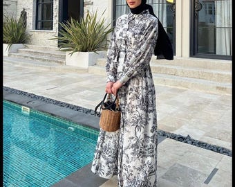 Stylish ivory maxi dress with black ornament, oversized long sleeve abaya, breastfeeding