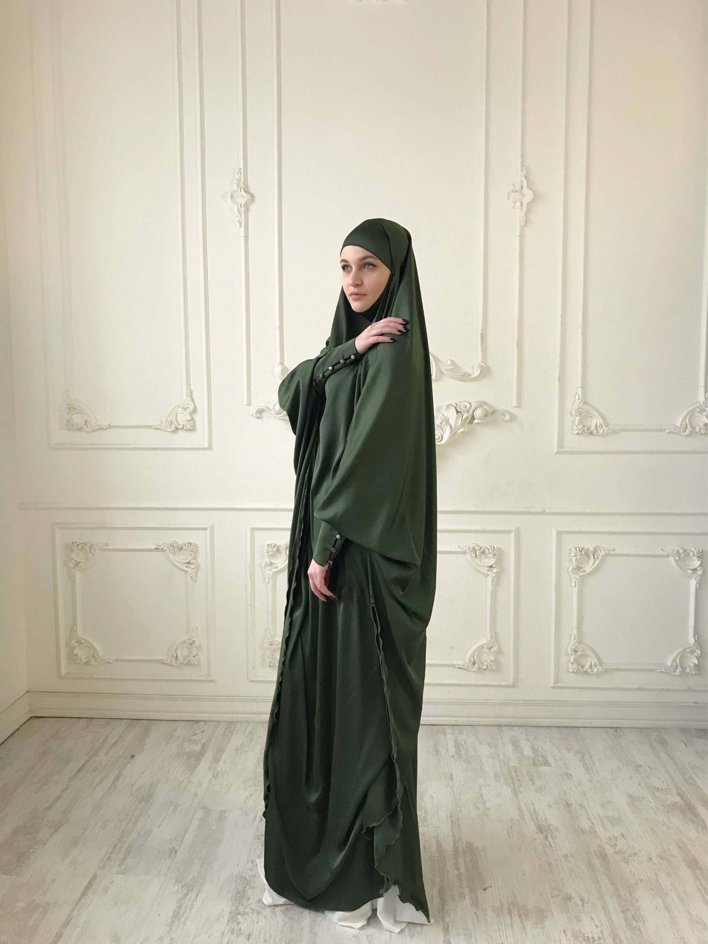 Khaki Long Silk Khimar Elegant green muslim dress caramel Khaki Long Silk Khimar Elegant green muslim dress caramel