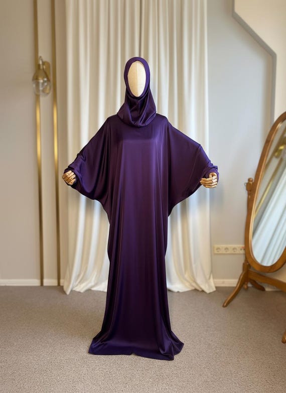 dark purple dress with hijab Purple Artificial Silk Abaya Dress with Attached Hijab