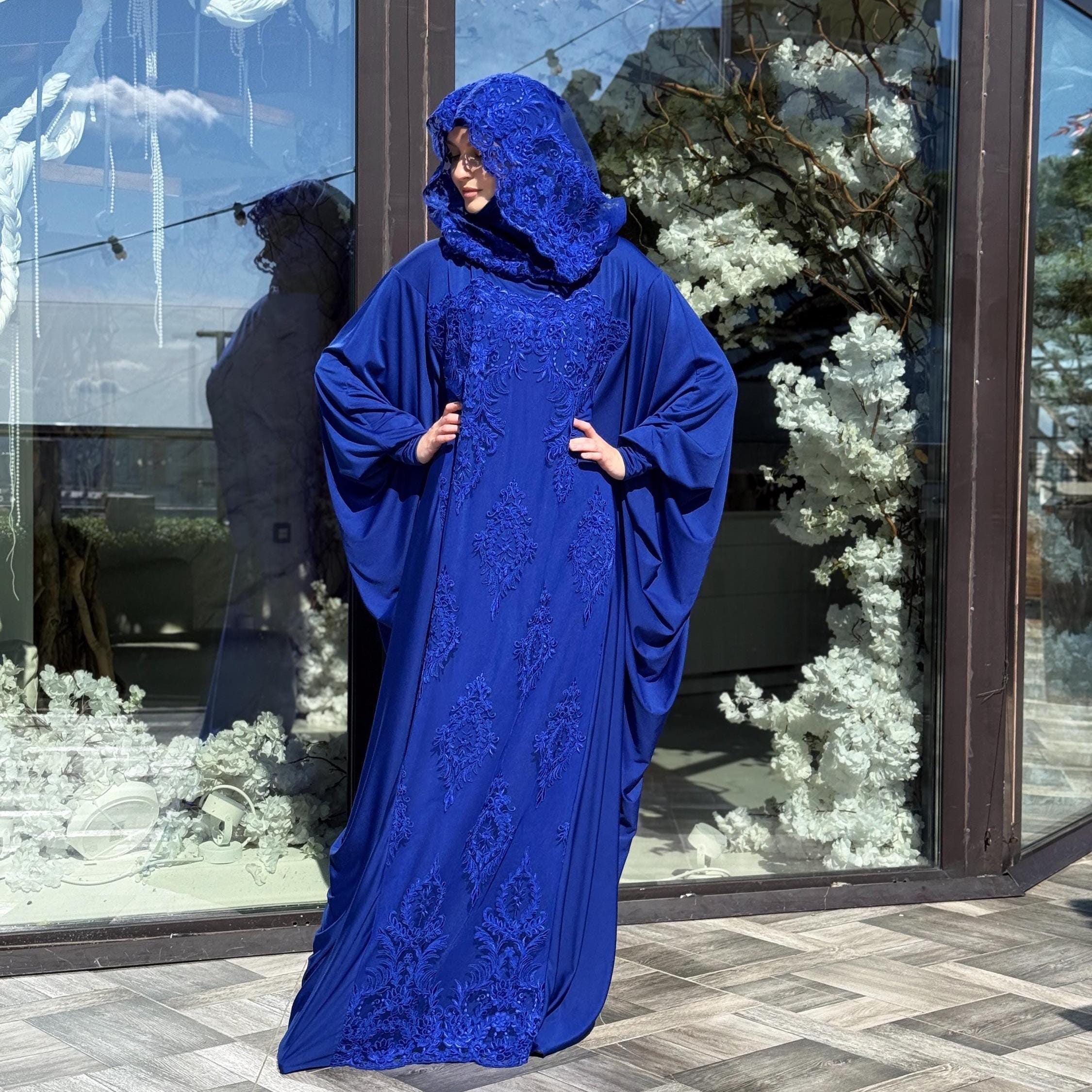 blue abaya dress Royal Lace Hood Jilbab Dress, Modest Islamic Set Hijab
