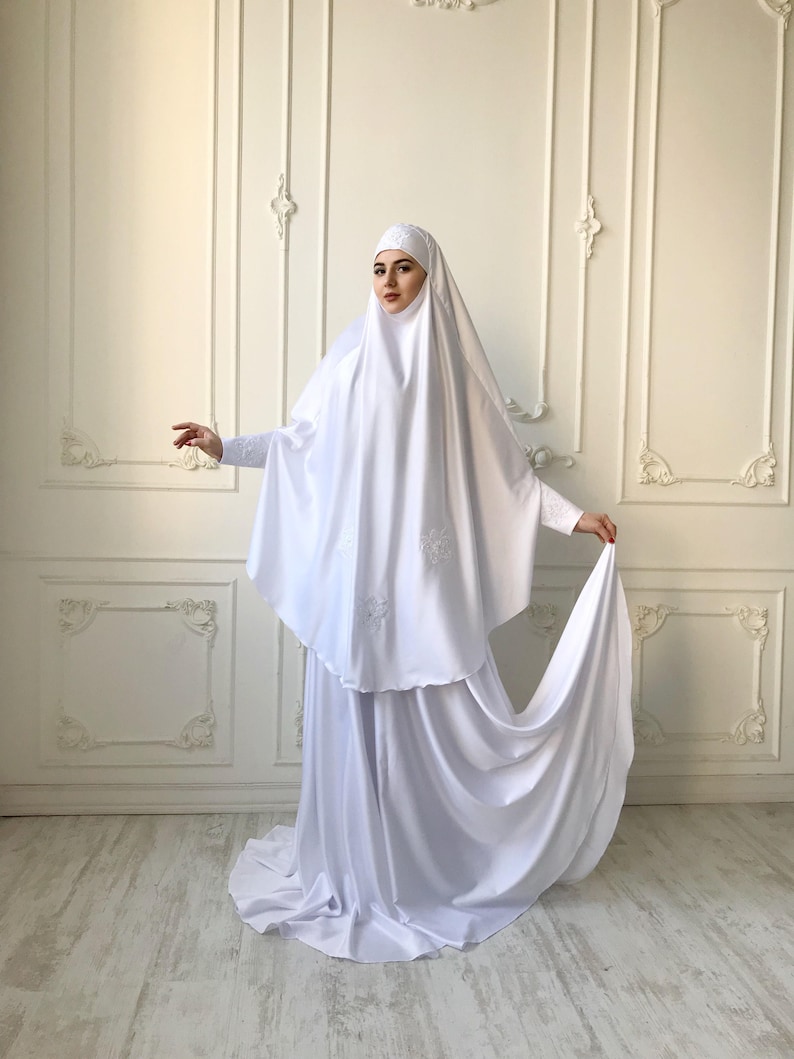 Elegant white Muslim suit Silk bridal jilbab wedding 