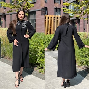 Long Black Dress with stone embellishment with hidden zipper closure, suitable for breast feeding, casual abaya