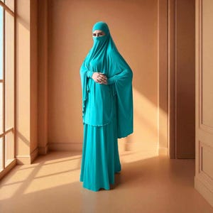 Transformateur niqab Khimar turquoise vif, élégant hijab traditionnel en terre cuite, prêt-à-porter hijab long avec jupe, cadeau islamique, musulman