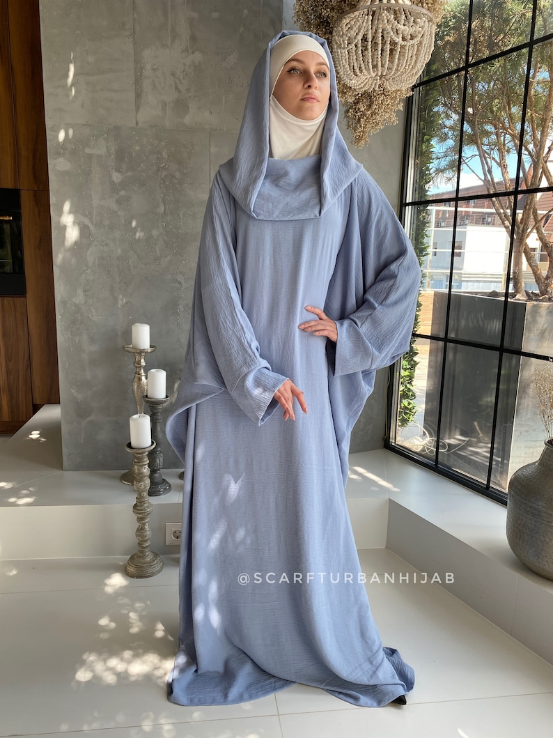 Cowl Robe Light Blue Crepe Maxi Dress With Hood, Plus Size Abaya - Etsy