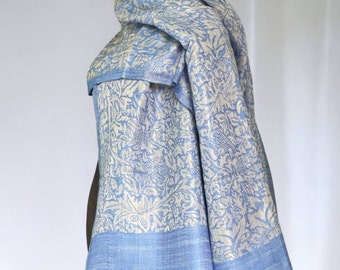 Shawl Kani handmade blue with floral gold pattern, looks like brocade - crowded and shiny, nikkah, Islamic gift, Winter hijab.
