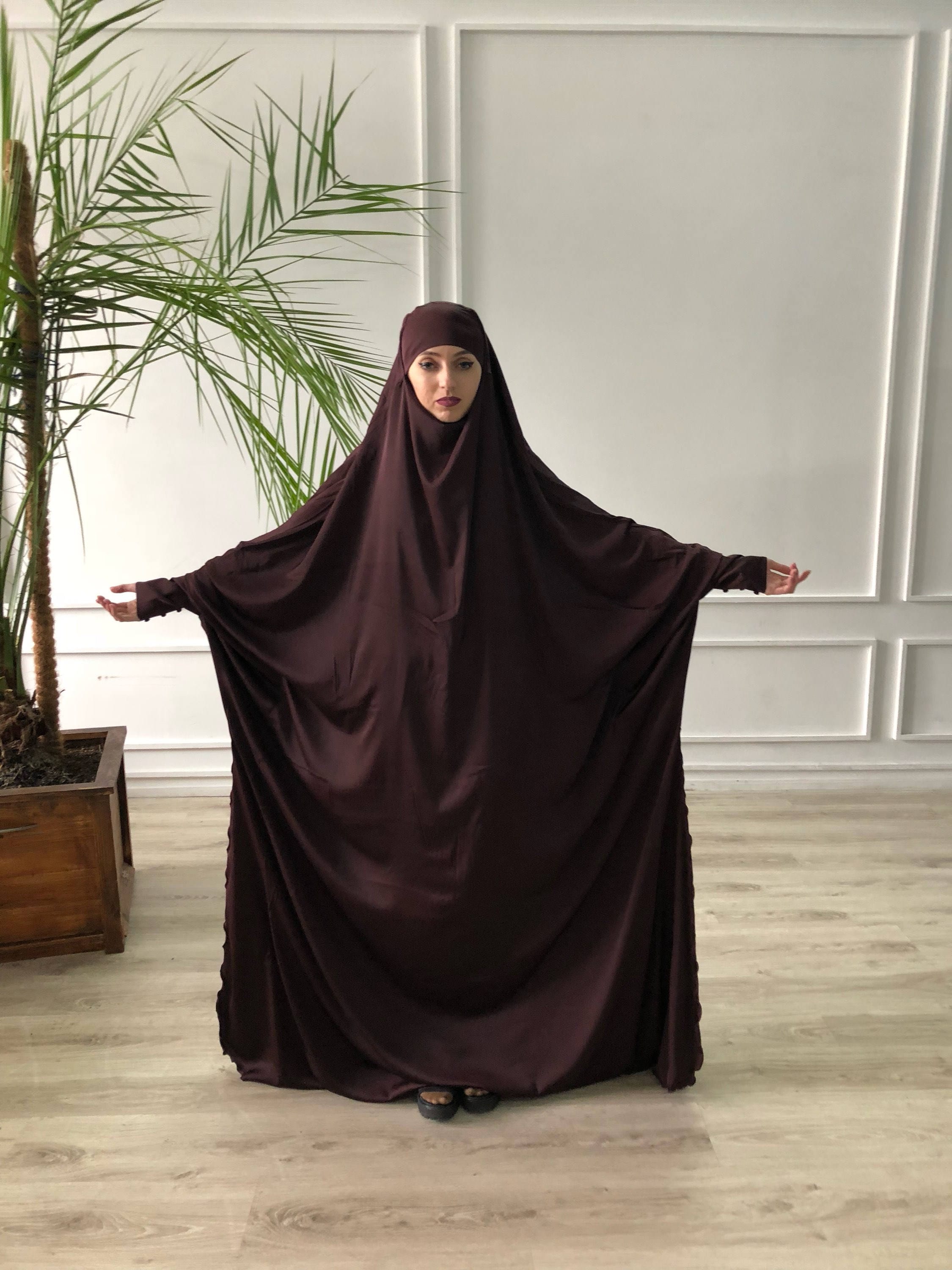 Plus Size Chocolate Silk Khimar, Muslim Jilbab Dress, Elegant