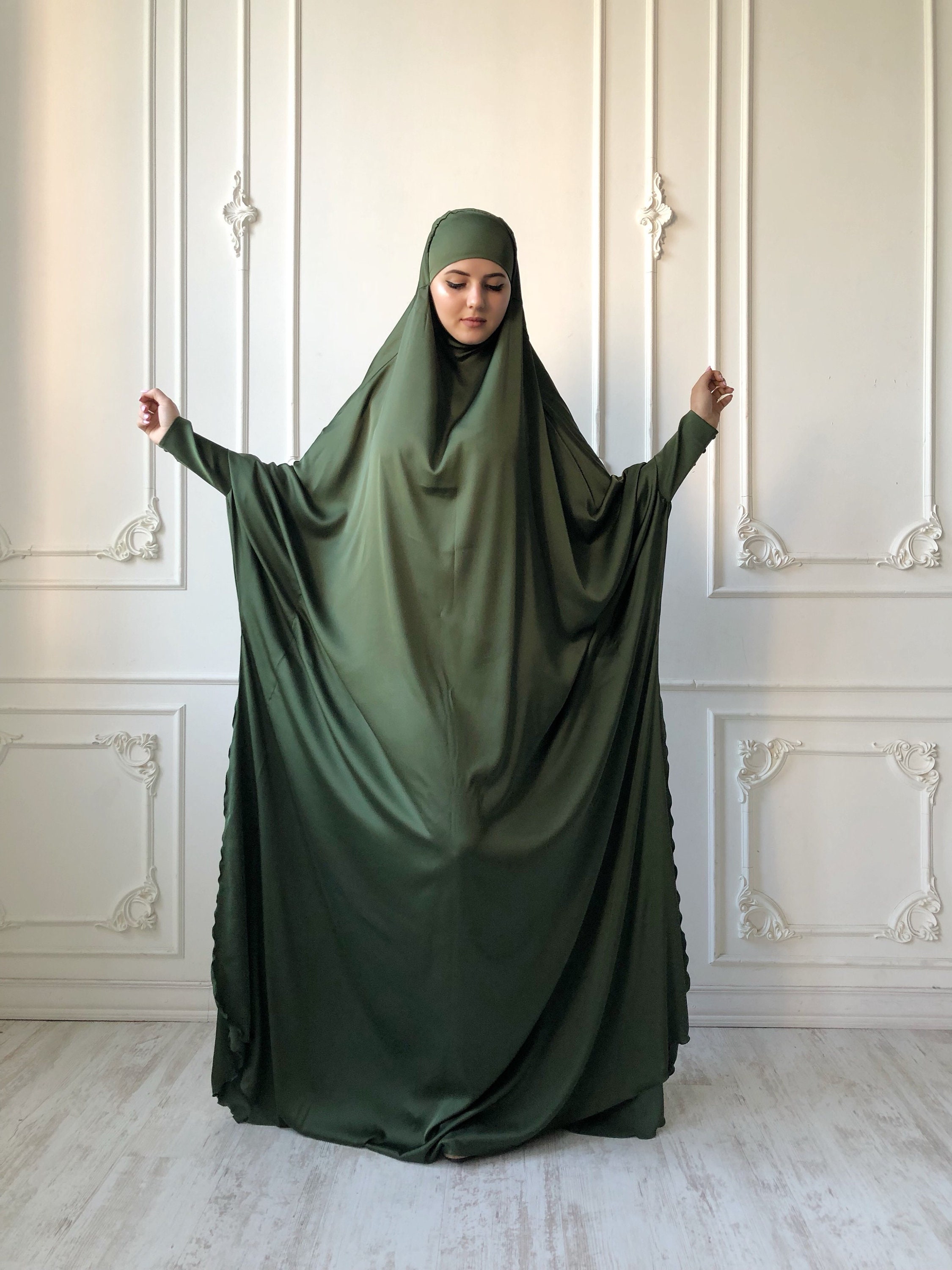 Plus Size Long Jilbab Khaki Silk Khimar Elegant Hijab photo photo