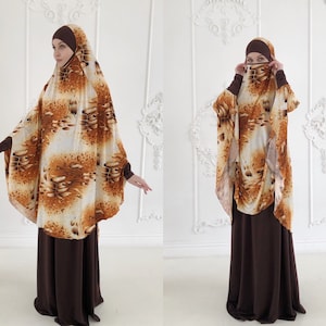 Transformer beige and brown Khimar with print, long jilbab hijab, floral nikab, islamic wear, ready to wear hijab, prayer scarf, muuslim