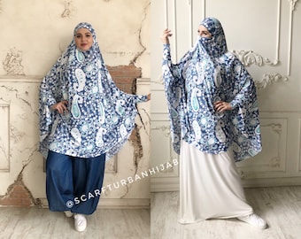 White and blue khimar suit, Muslim sport suit, denim pants, Islamic clothing, Long hijab, Stylish Sport jilbab