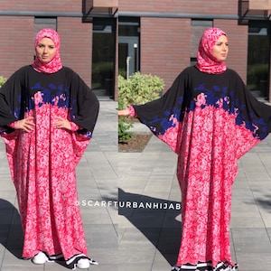 Pink and black Muslim prayer dress, islamic clothing, dress with scarf hijab, ready to wear hijab, abaya, jelabia, maxi dress plus size