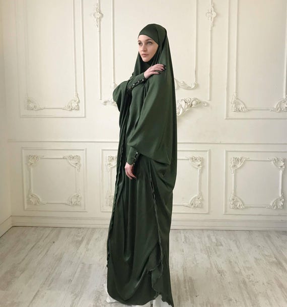Green Silk Long Khimar, Elegant Muslim Jilbab, Ready to Wear Hijab