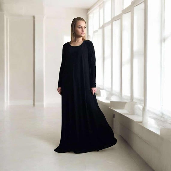 Black Maxi Dress, Oversize Long Sleeve Jersey Abaya, Elegant Islamic Clothing