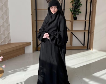 Elegante zwarte cupro-jilbab-jurk met wijde mouwen, Niqab-optie