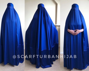 Afghan royal blue burqa, silk khimar cape, niqab, full long hijab