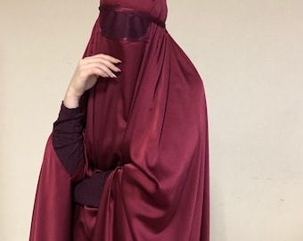 Burgundy Afghan burqa, silk khimar cape, niqab, full long hijab