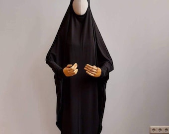 Klassieke zwarte jilbab, khimar uit één stuk met volledige dekking, bescheiden islamitische jurk voor gebed