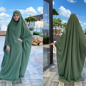 Khaki olive crepe Khimar, muslim summer jilbab dress, traditional ready to wear hijab, prayer Dress