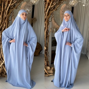 Hemelsblauwe crêpe Khimar, moslim zomer jilbab jurk, traditionele ready to wear hijab, gebed Jurk