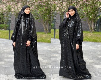 Black stripe latex jilbab , limited additional l Khimar, muslim dress, elegant Burqa, Dubai Abaya long hijab, Islamic clothing