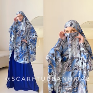 Blue Paisley and Pearl Print Elongated jilbab , elegant khimar
