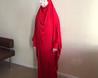Langer roter Seiden Khimar, Eleganter Muslimischer Hijab, Nikkah Burqa