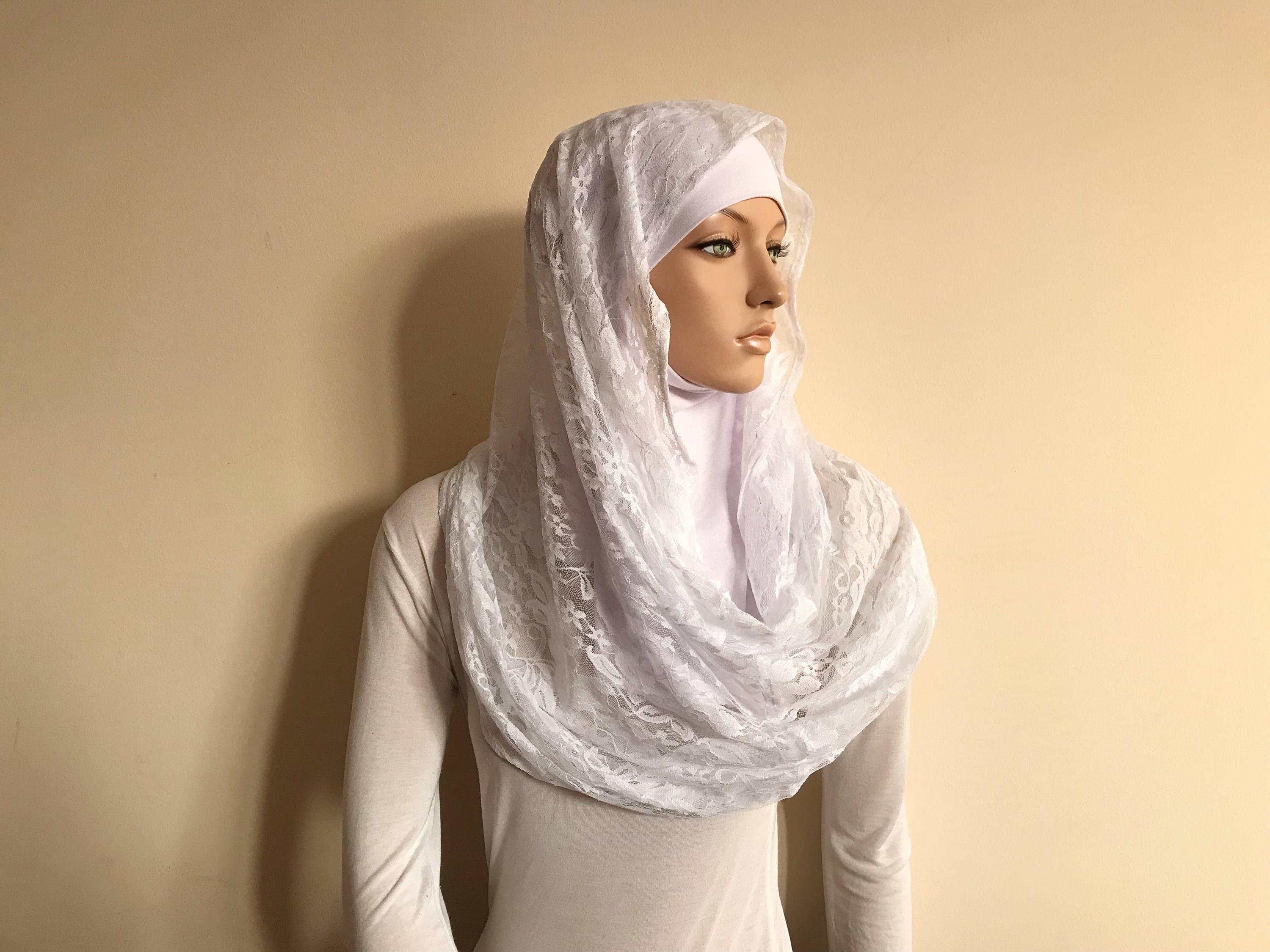 Infinity White Lace Scarf, Wedding Hijab, Catholic Bridal Infinity White Lace Scarf, Wedding Hijab, Catholic Bridal