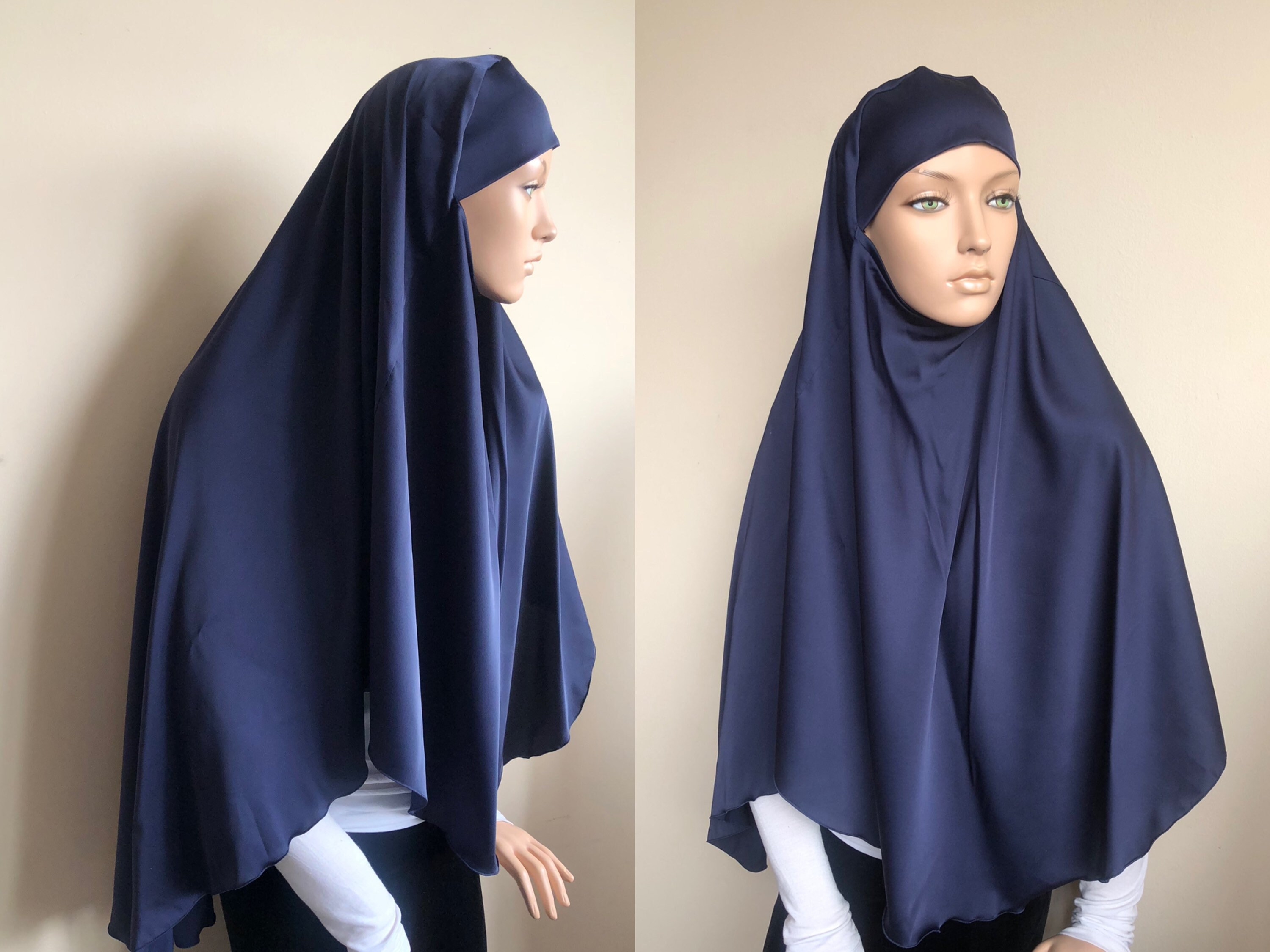 Navy Blue Silk Traditional Hijab Tie Khimar 1 Piece Ready to