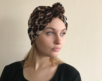 Leopard turban, stretchy viscose jersey turban, Headband,boho turban, Vintage hat