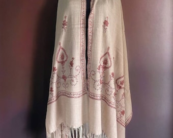 Rare pashmina shawl in natural beige color with handmade embroidery, beautiful Islamic palatine as a gift, nikkah, bridal cover up,long cape