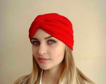 Crimson Viscose Jersey Turban, Boho Headband, Vintage Style