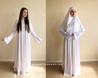 Elegant white silk dress with lace and hijab S-M size READY TO SHIPP