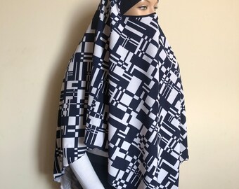 Ready to ship abstract print  khimar white and navy blue