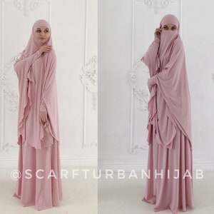 Blush pink Khimar niqab transformer, elegant traditional hijab, ready to wear long hijab with skirt, islamic gift, muslim dress abaya