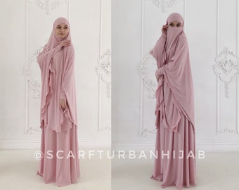 Blush pink Khimar niqab transformer, elegant traditional hijab, ready to wear long hijab with skirt, islamic gift, muslim dress abaya