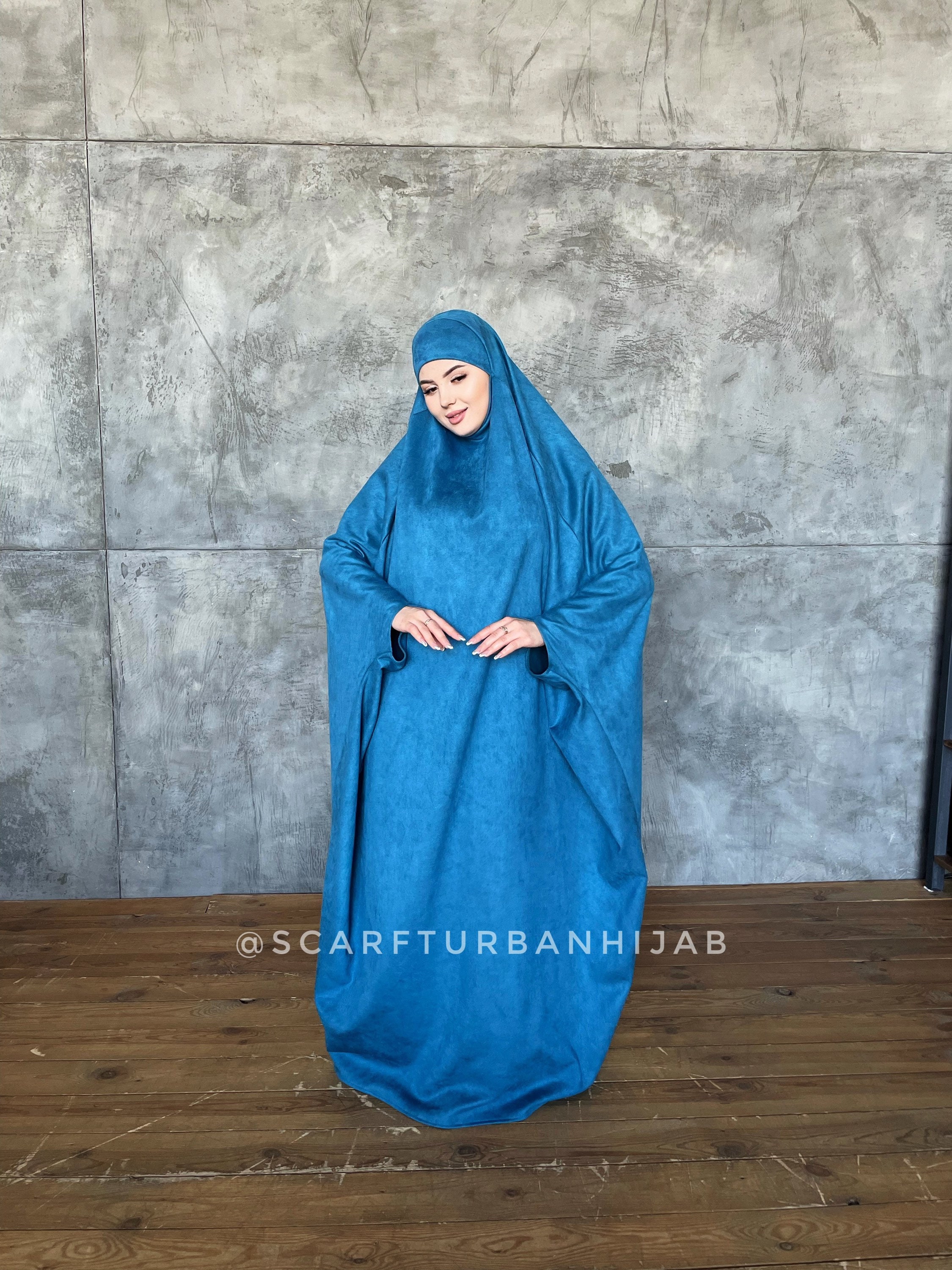 Turquoise Suede Khimar Muslim Winter Dress Traditional Ready photo