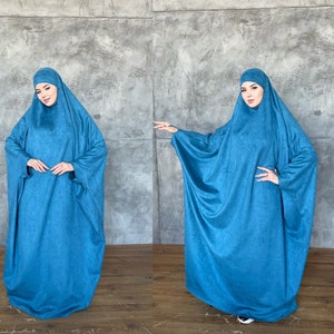 Turquoise suede Khimar, muslim winter dress, traditional ready to wear jilbab , prayer Dress, islamic Burqa