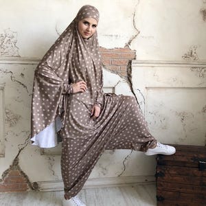 French Khimar Beige Suit, Muslim Sport Jilbab, Harem Pants