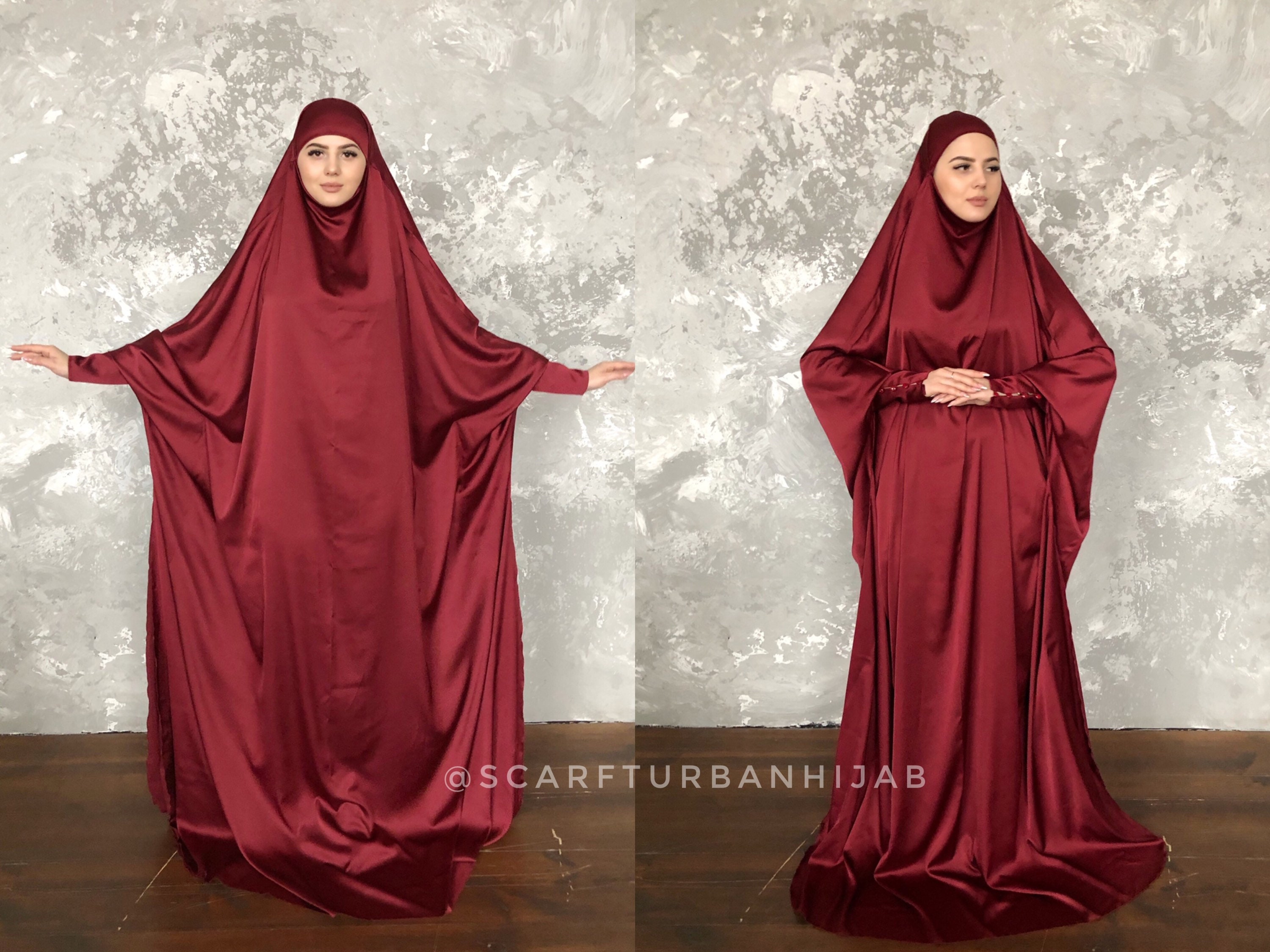 Plus Size Burgundy Silk Khimar Muslim Jilbab Dress Elegant pic