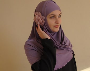 Lilac Al Amira Hijab, Two Piece Prayer Scarf, Floral Decor