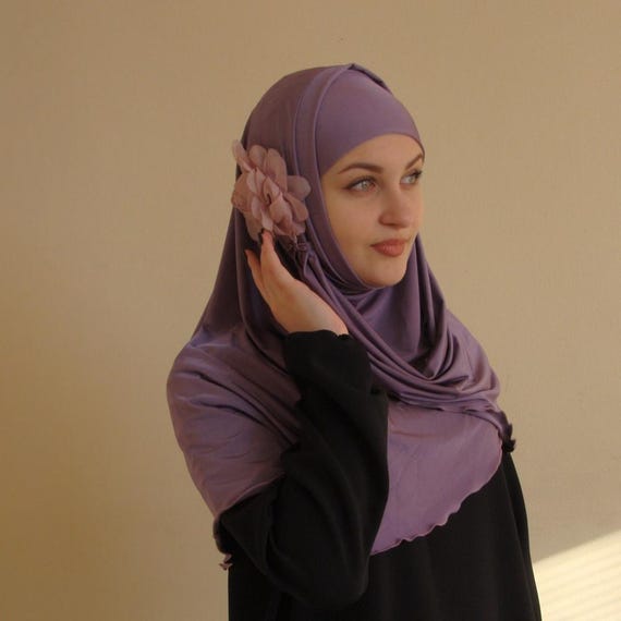Lilac Al Amira Hijab, Two Piece Prayer Scarf, Floral Decor