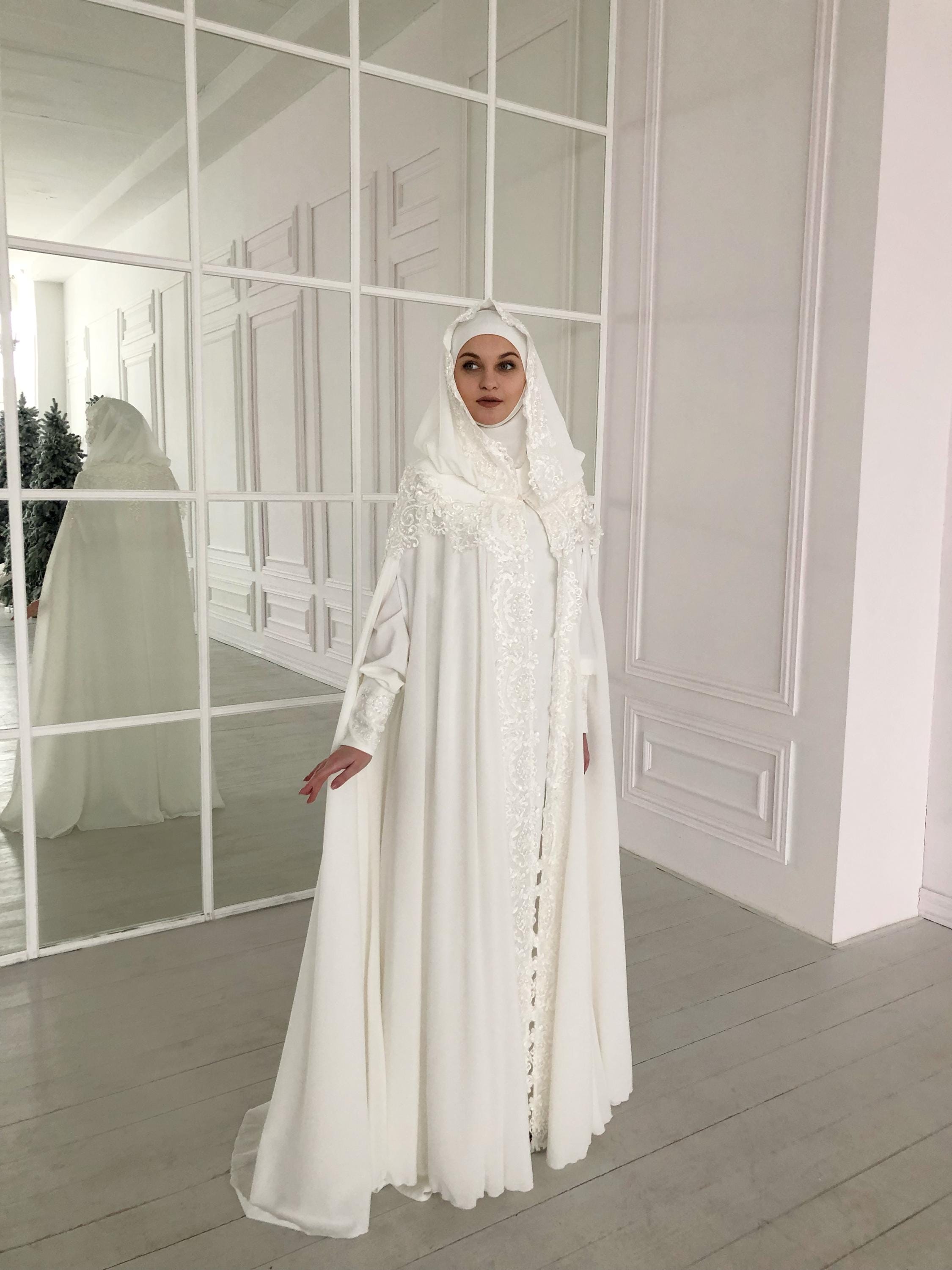 elegant abaya dress for wedding Modest Prom Dress,engagment Dress,hijab Dress,abaya Nikkah,luxury Dress,modest Evening Dress,long Sleeve Dress,formal Satin Ecru White Abaya