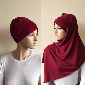 3 in one burgundy hijab -jersey turban - volume ready turban - vintage hat - elegant scarf - sinar - bohemian headband - jewfish cap
