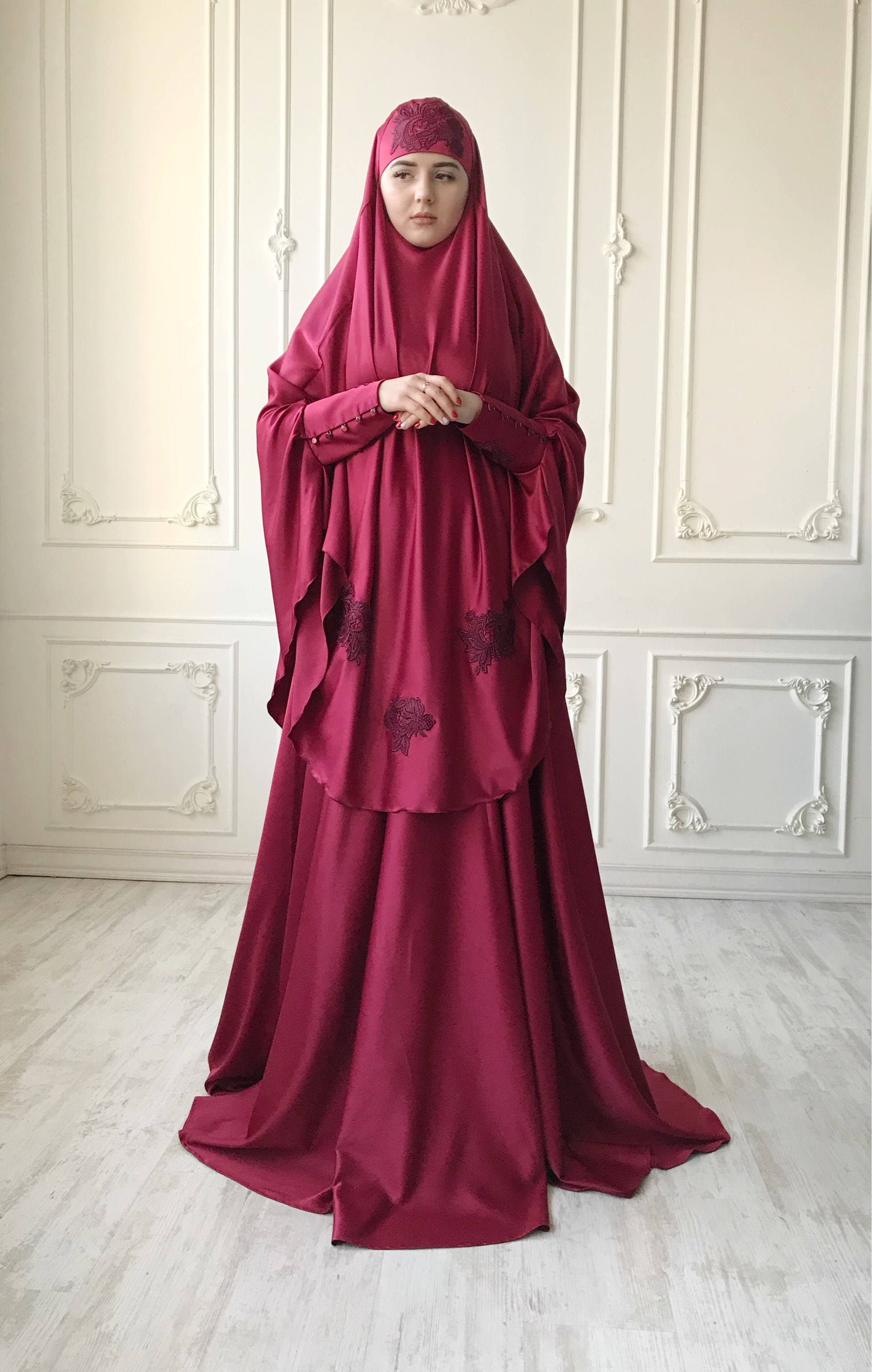Elegant Burgundy Muslim Suit Silk Dark Red Jilbab Wedding Khimar