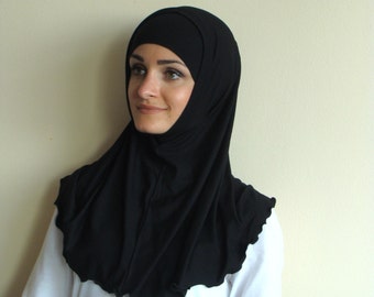 Black Viscose Al Amira Hijab, Handmade Two Piece Prayer Scarf