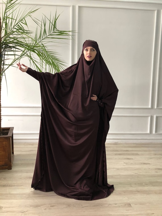 Plus Size Chocolate Silk Khimar , Muslim Jilbab Dress, Elegant Burqa, Wedding Abaya, Traditional Hijab, Elegant Hijab, Long Burqa