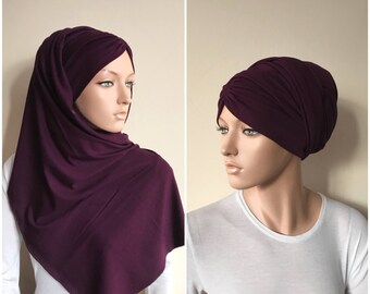 3 in one eggplant hijab -jersey turban - volume ready turban - vintage hat - elegant scarf - sinar - bohemian headband - jewfish cap